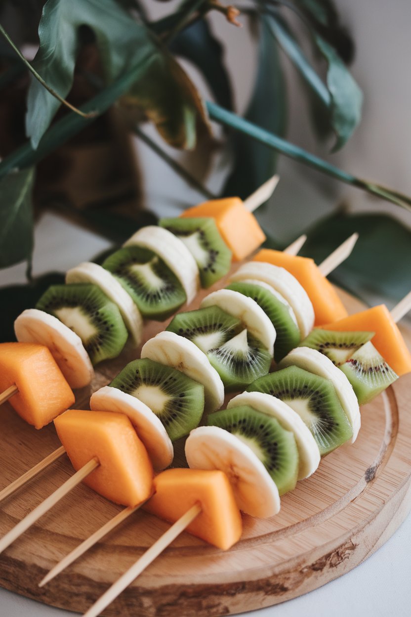 Indoor photo of wooden skewers threaded with green kiwifruit, white banana slices, and orange cantaloupe chunks, no text or logos