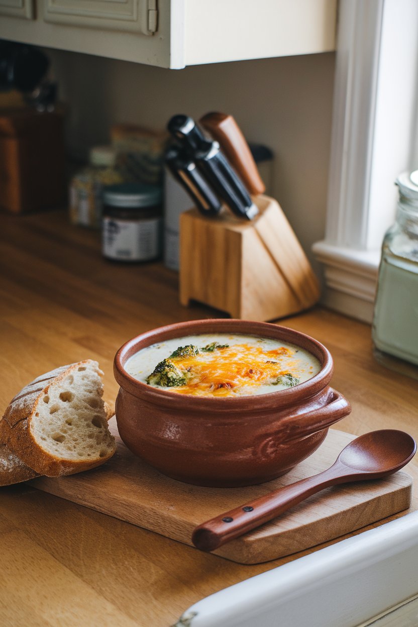 An indoor kitchen counter with a ceramic bowl of creamy broccoli cheddar soup, melted cheese on top. No text or logos.