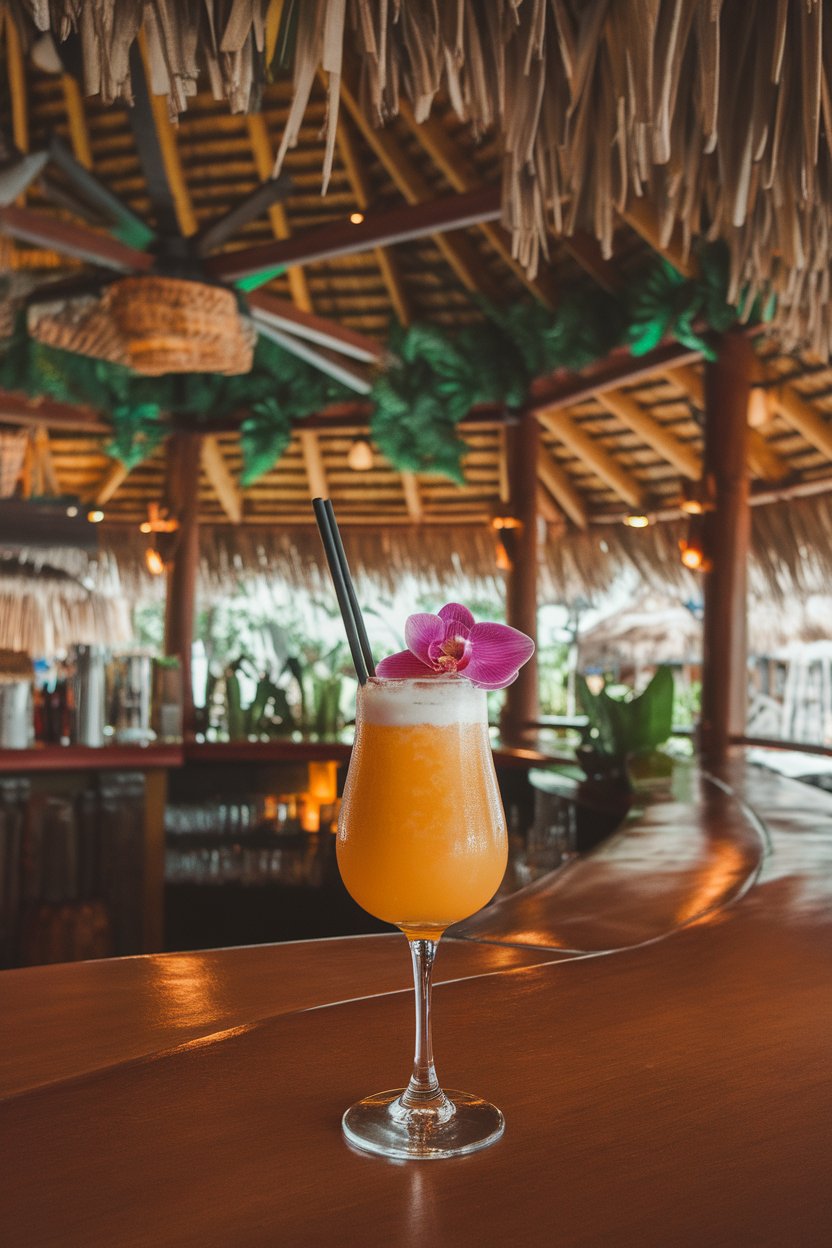 Indoor tiki-style bar showing stemmed goblet of golden frothy drink, orchid garnish, no text or logos, photo