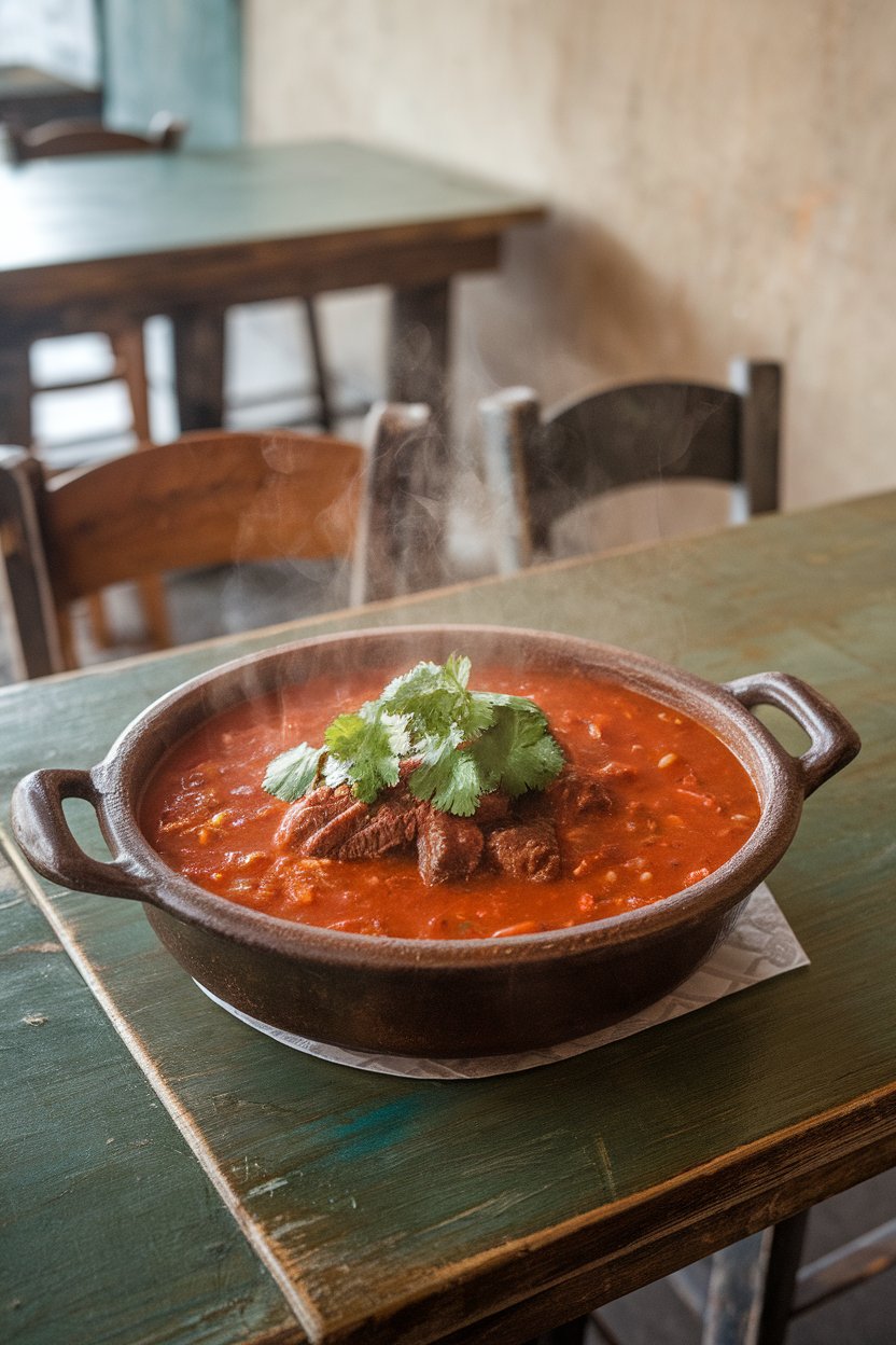 Indoor cantina-style table featuring a bowl of beef stew with a brilliant red salsa-based broth, cilantro topping. No text or logos. Photo.