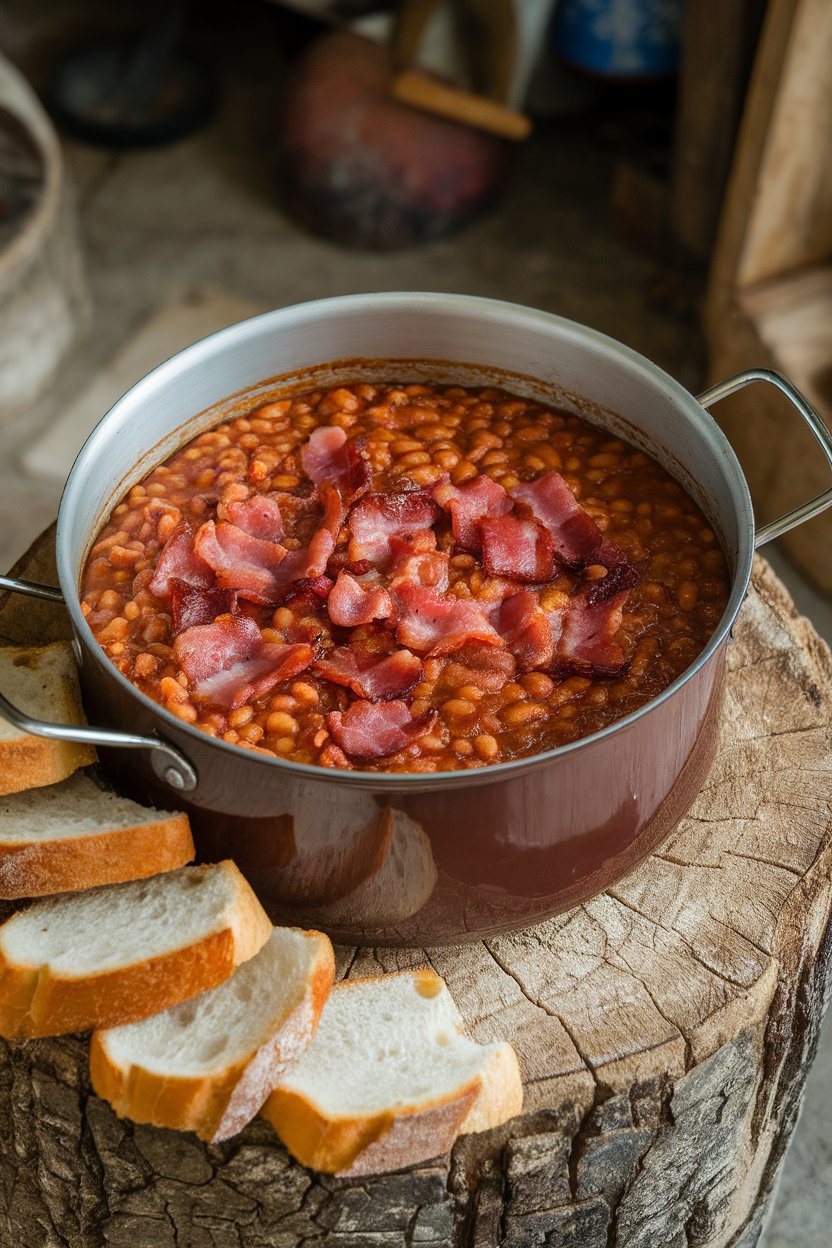 A warmly lit indoor pot filled with thick barbecued baked beans dotted with bacon pieces; photo only, no logos or text.