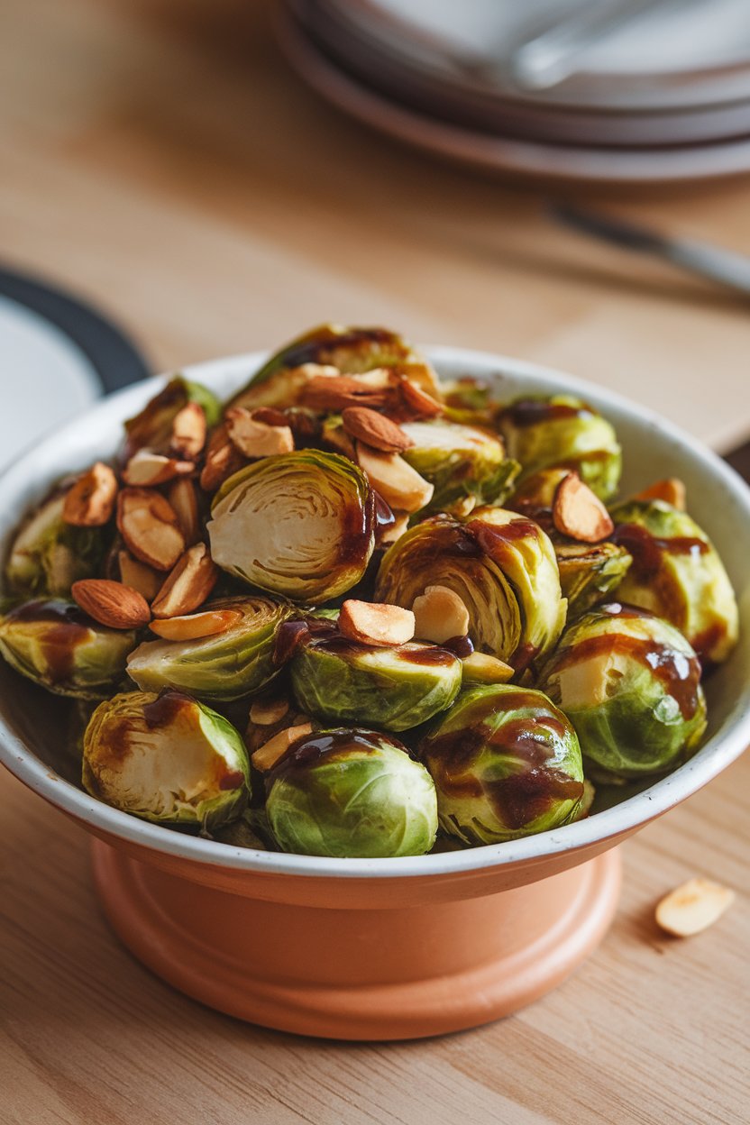 An indoor serving dish with halved Brussels sprouts glazed in maple balsamic reduction, toasted almonds sprinkled. No text or logos.