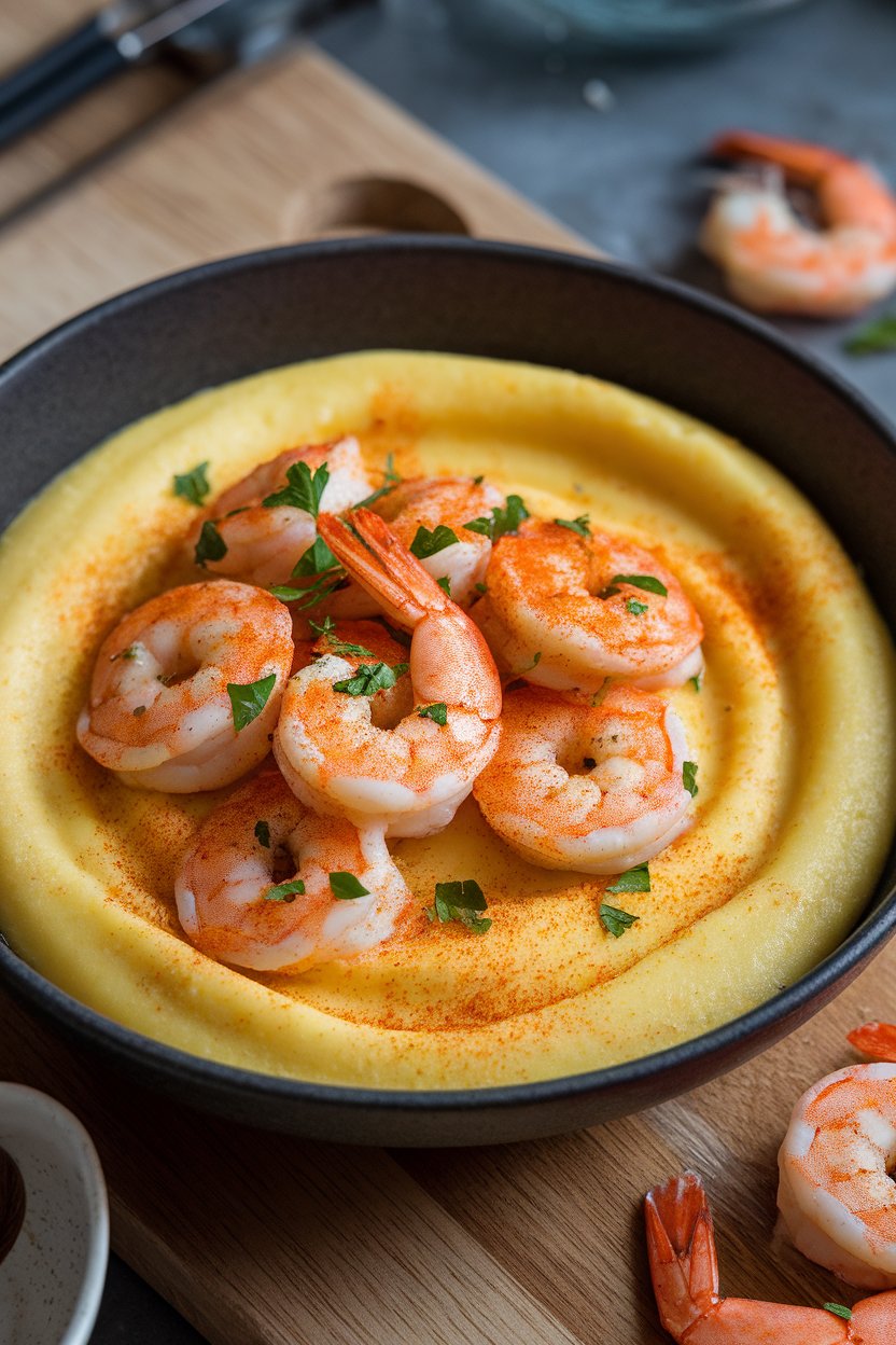 Indoor photo of deep bowl with creamy polenta topped by paprika-dusting shrimp and parsley, no text or logos
