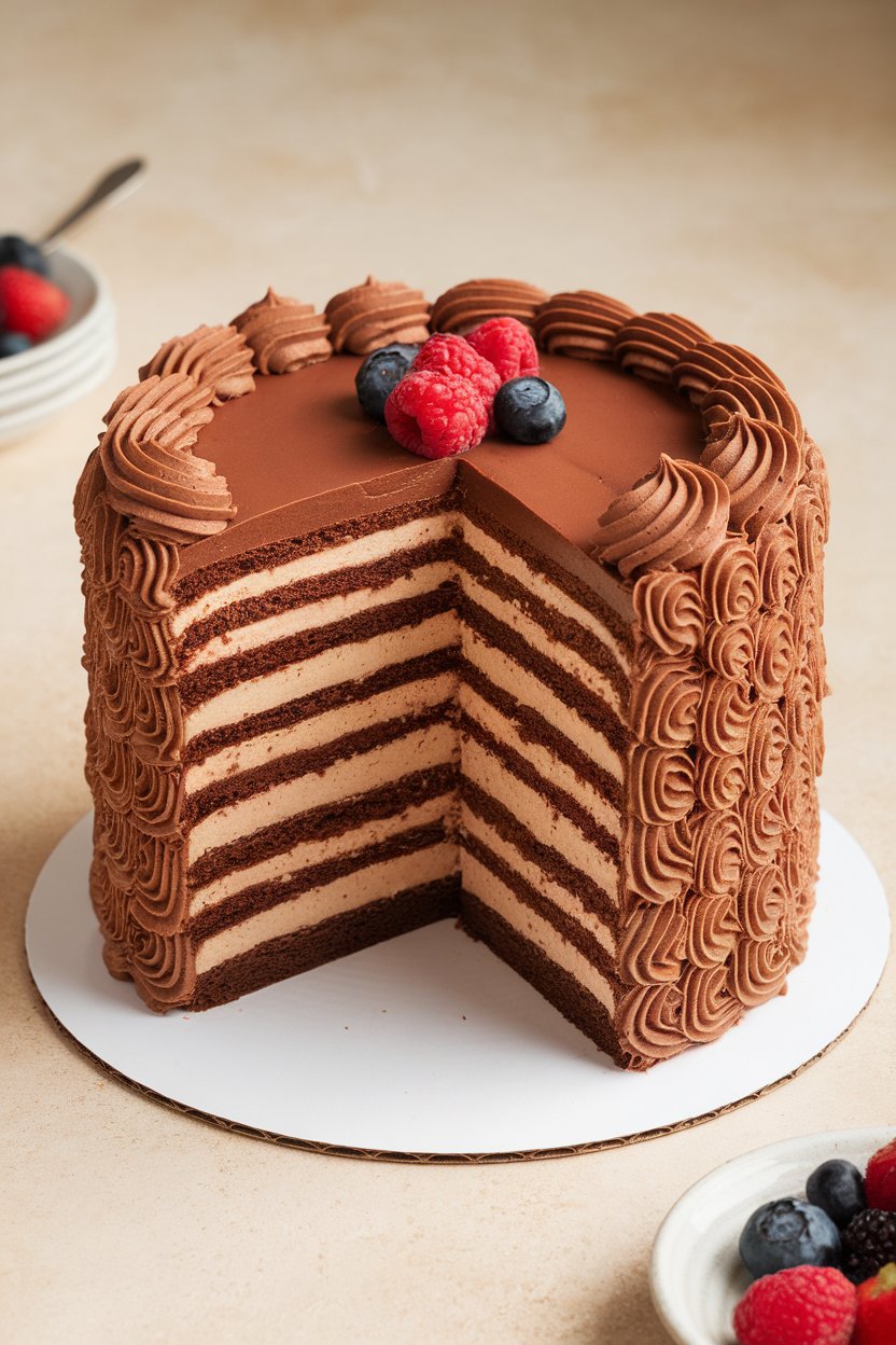 Indoor photo of a tall multi-layer chocolate Doberge cake cut to reveal thin cake and pudding layers, frosting swirled on the outside. No text or logos.