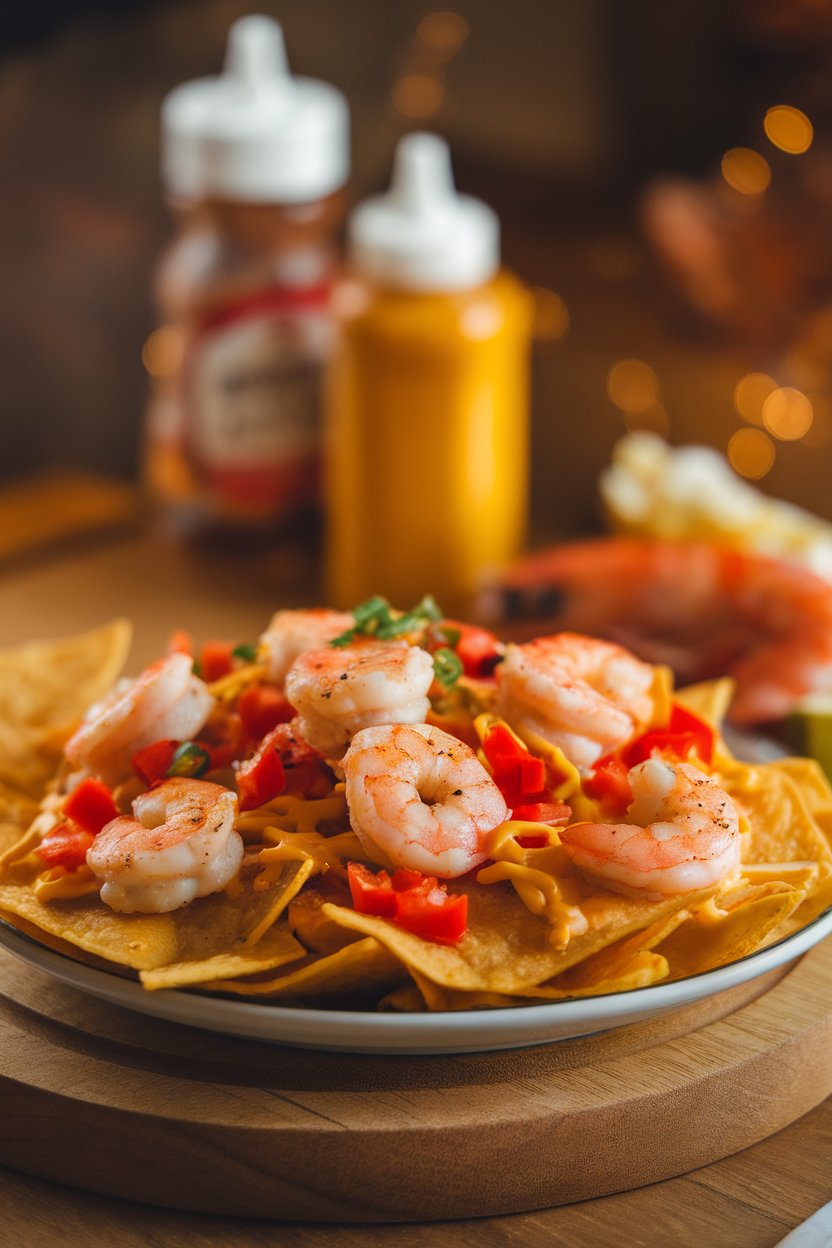 Indoor kitchen lighting on nachos topped with seasoned shrimp, Pepper Jack cheese, and diced red bell pepper; no text or logos, photo not illustration.