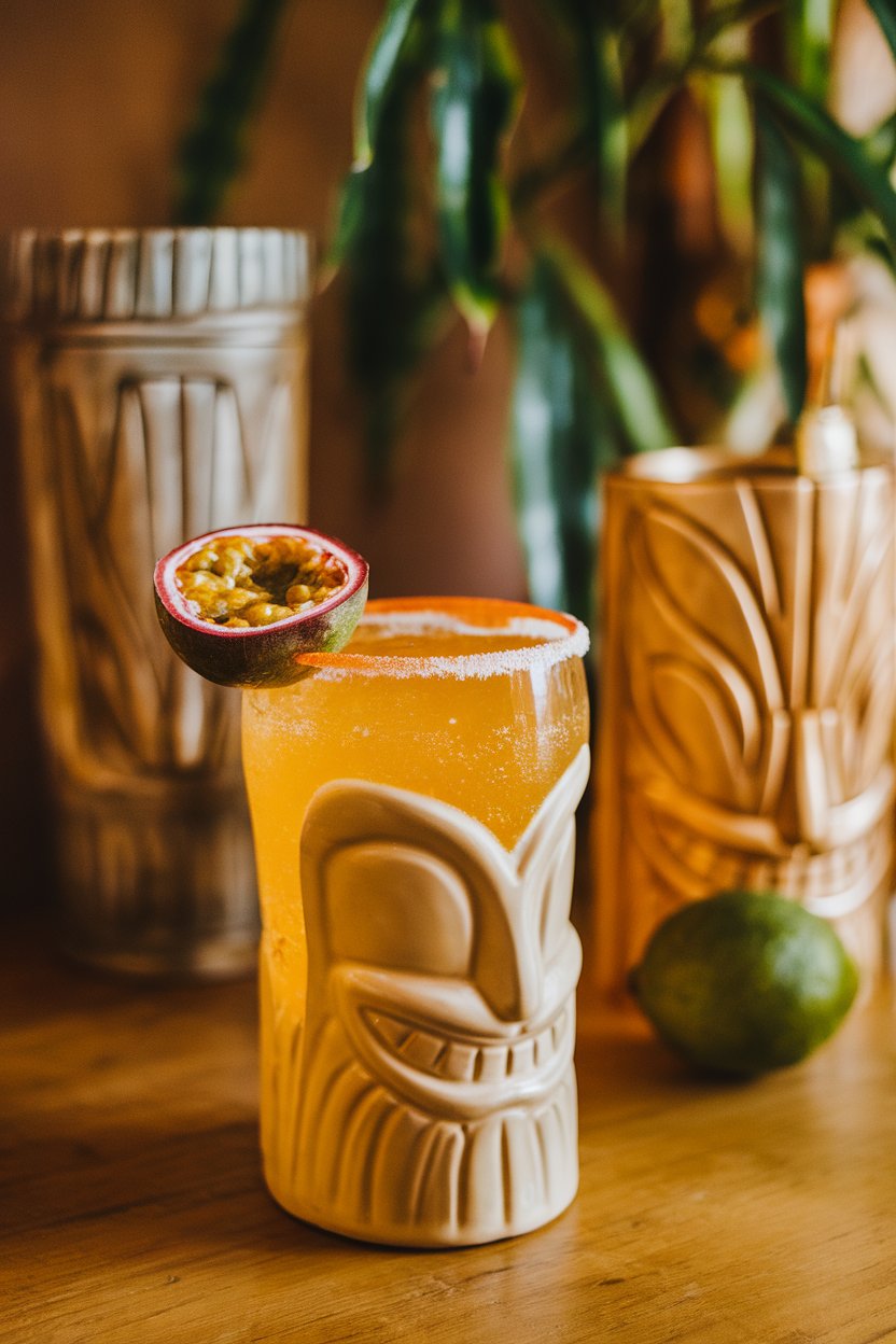 Indoor tiki mug filled with golden fizz, passion fruit half perched on rim. No text or logos.