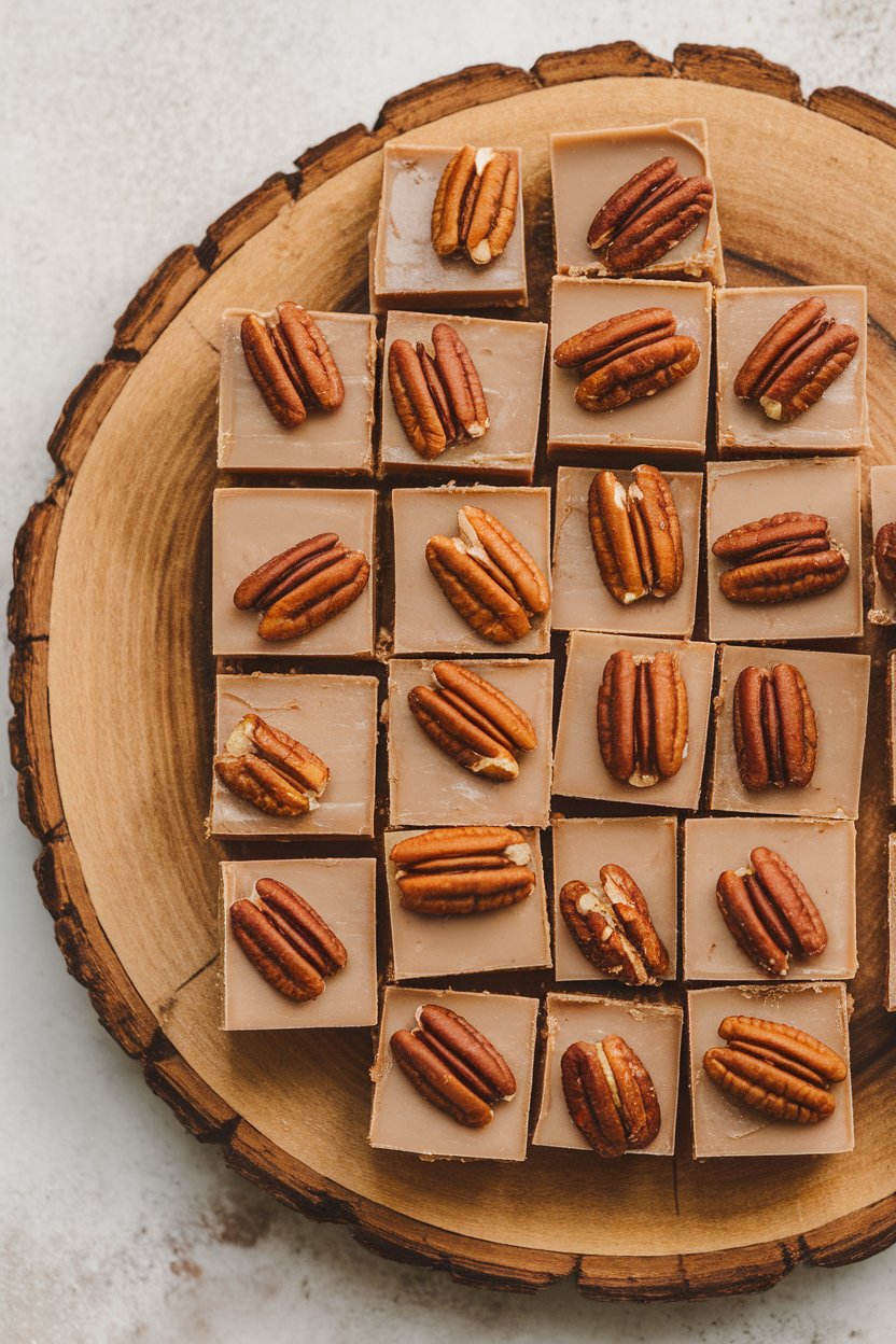 Indoor wooden slab with small squares of pale maple fudge topped with toasted pecan halves. No text or logos; photo, not illustration.