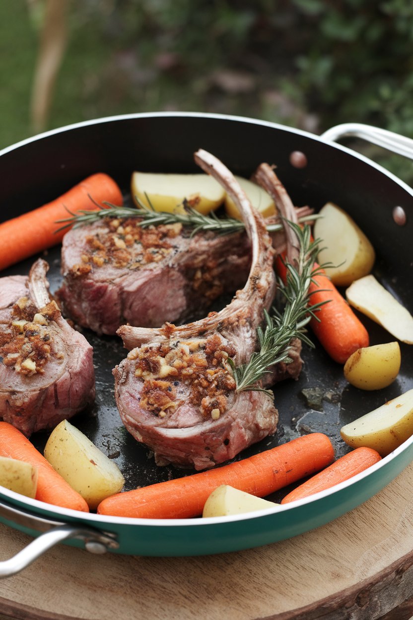 Indoor photo of lamb loin chops with garlic-rosemary crust, roasted parsnips, carrots, and potatoes on a pan; no text or logos