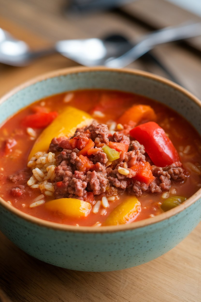 Indoor bowl of stuffed pepper soup—ground beef, rice, and colorful bell pepper chunks in tomato broth. No text or logos. Photo.