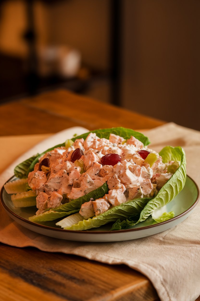 A plate of crisp romaine leaves filled with diced chicken salad bound with Greek yogurt, studded with grapes and celery. Indoor light, no text or logos. Photo only.