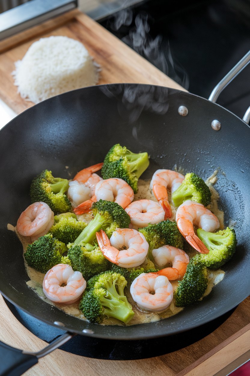 An indoor wok scene of cooked shrimp and bright green broccoli florets tossed in a light garlic sauce, steam visible. No text or logos. Photo only.