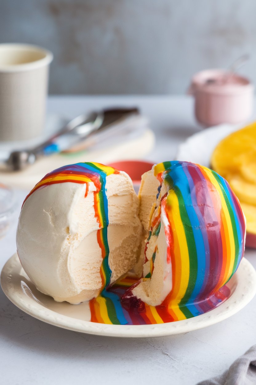 An indoor cafe table featuring a sno-ball split to reveal vanilla ice cream center, topped with rainbow syrup. No text or logos. Photo.