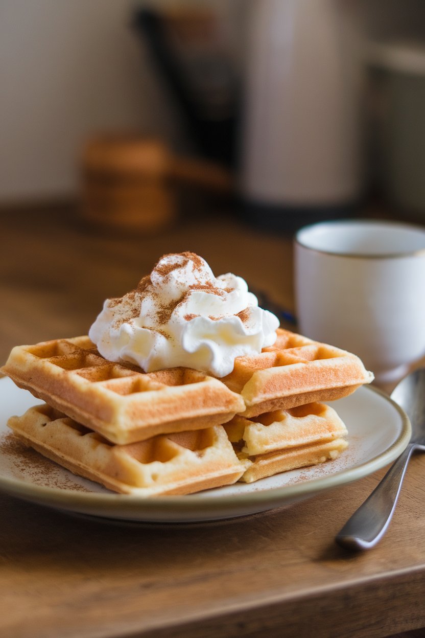 Indoor photo of warm waffles infused with chai spices, topped with whipped cream and cinnamon, no text or logos present