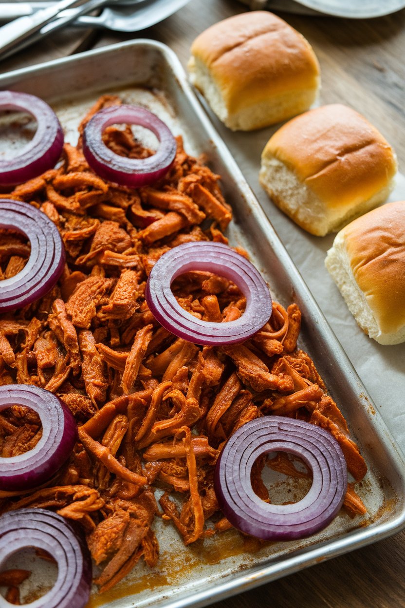 Sheet pan with saucy shredded jackfruit and roasted red onion rings; slider buns off to the side. Indoor photo, no logos or text.
