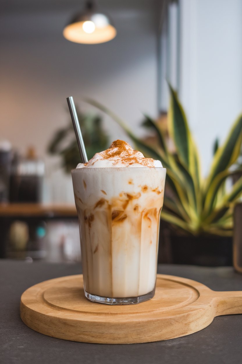 Indoor café with a glass of iced milky horchata latte, cinnamon dust on top, metal straw. No text or logos.