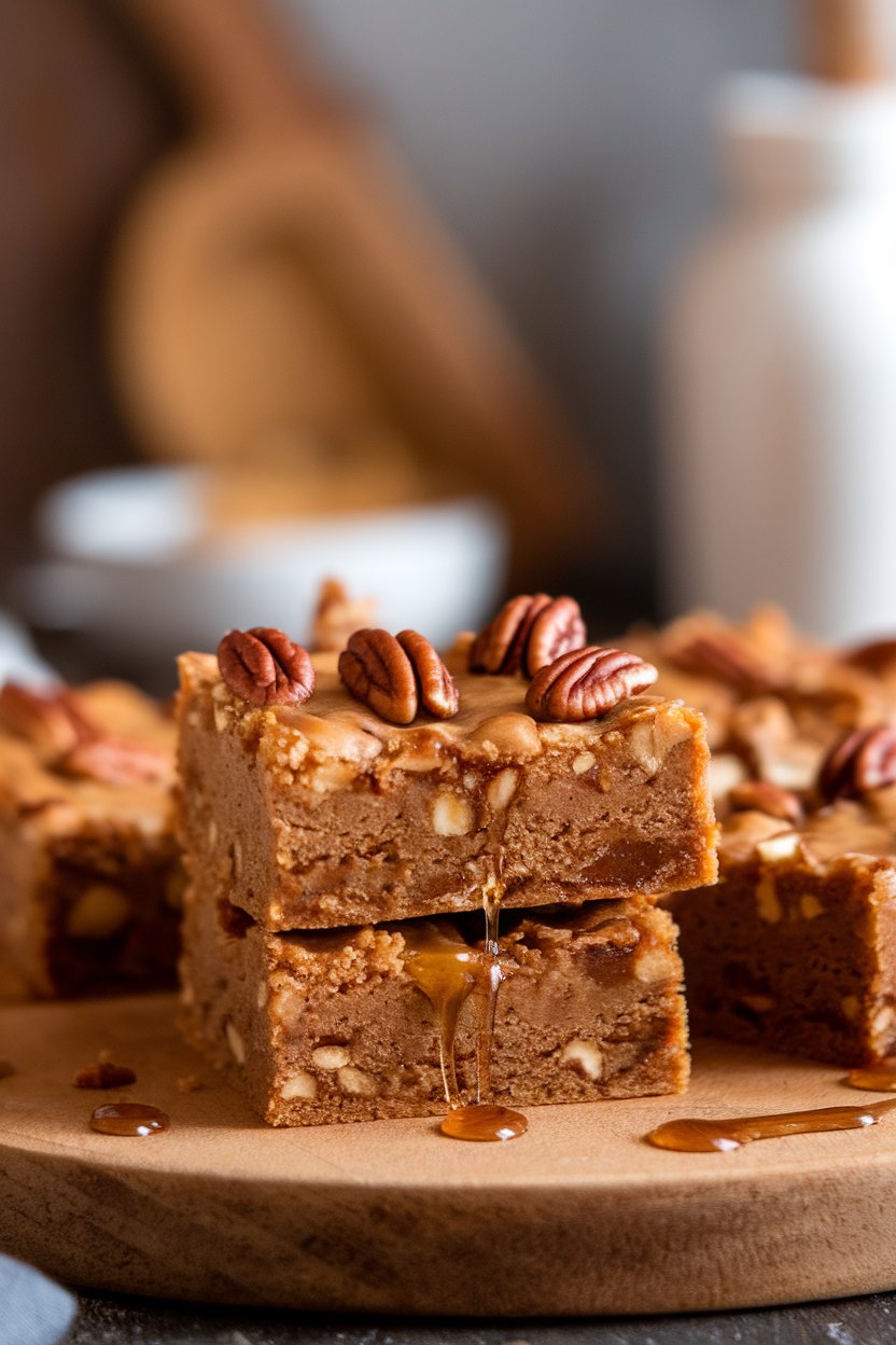 Photo of square maple pecan blondies on an indoor wooden board, caramelized edges visible. No text or logos.