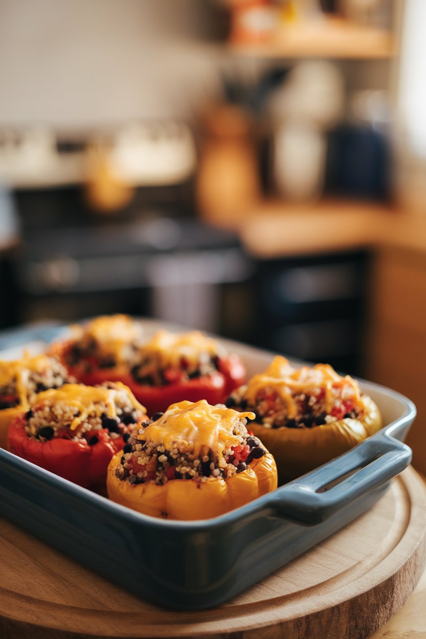 A baking dish indoors showcasing roasted bell peppers filled with quinoa, black beans, diced tomatoes, and melted cheese on top. No text or logos present.