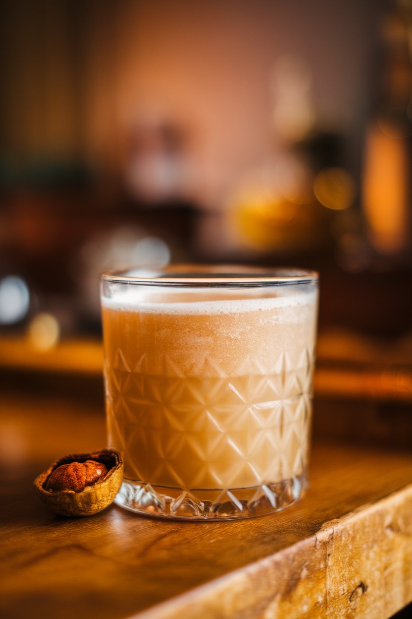 Photo indoors of a rocks glass with frothy light brown whiskey sour, small tamarind pod beside glass; no text or logos.
