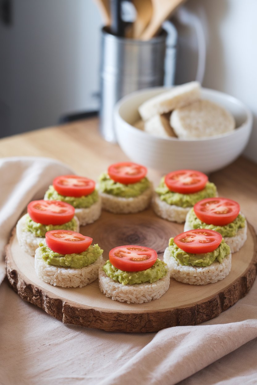 Indoor photo of rice cakes topped with mashed avocado and tomato slices arranged on a serving board. No text or logos.