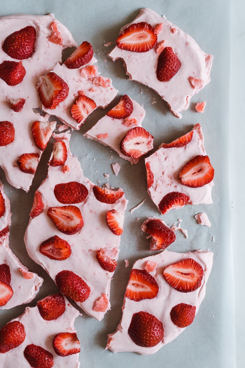 Indoor overhead photo of broken pieces of frozen strawberry yogurt bark on parchment, freeze-dried berries visible. Photo, no text or logos.