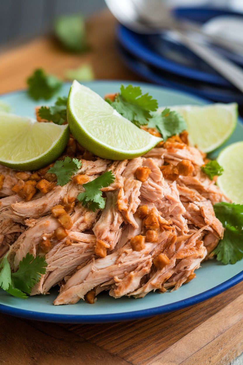 Indoor plate of smoky chipotle-lime shredded chicken with lime wedges and cilantro. Photo only.