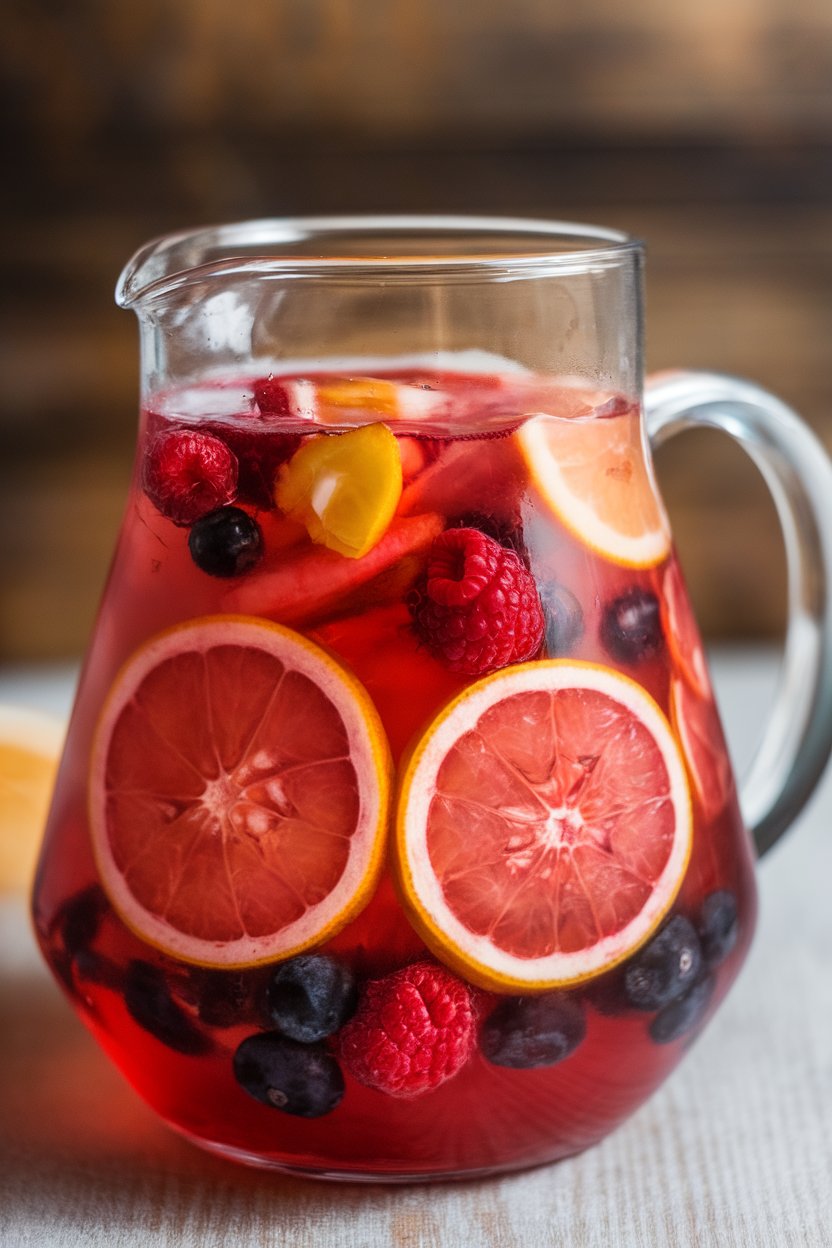 Indoor pitcher packed with sliced citrus, berries, and grapes floating in a ruby red mocktail, no text or logos.