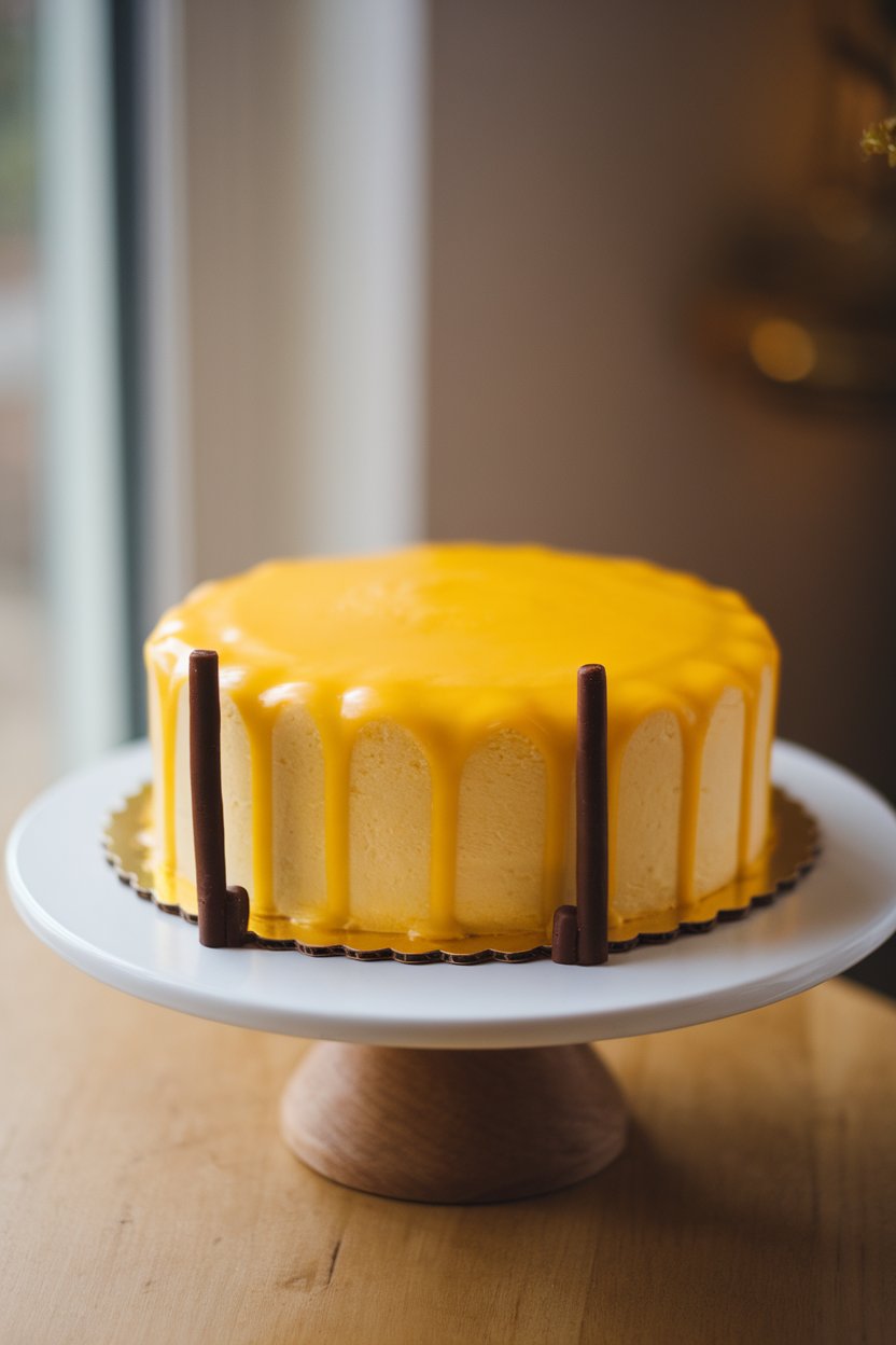 An indoor cake stand showing a passion-fruit mousse cake with bright yellow glaze, small chocolate goal posts at the back edge—no text or logos.