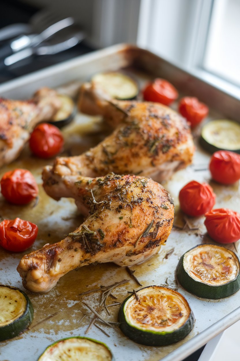 Indoor photo of chicken drumsticks coated in mixed herbs, roasted zucchini and cherry tomatoes nestled around them on a sheet pan. No text or logos.