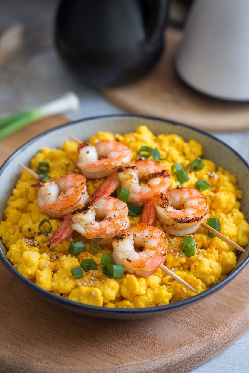 Indoor photo of a shallow bowl of yellow turmeric cauliflower rice topped with grilled shrimp skewers. No text or logos.