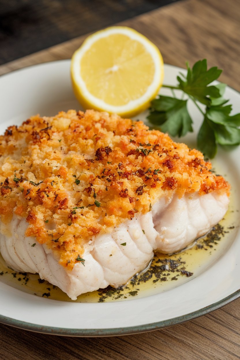 Indoor photo of golden parmesan crusted tilapia fillet, lemon wedge on side, parsley garnish, no text or logos