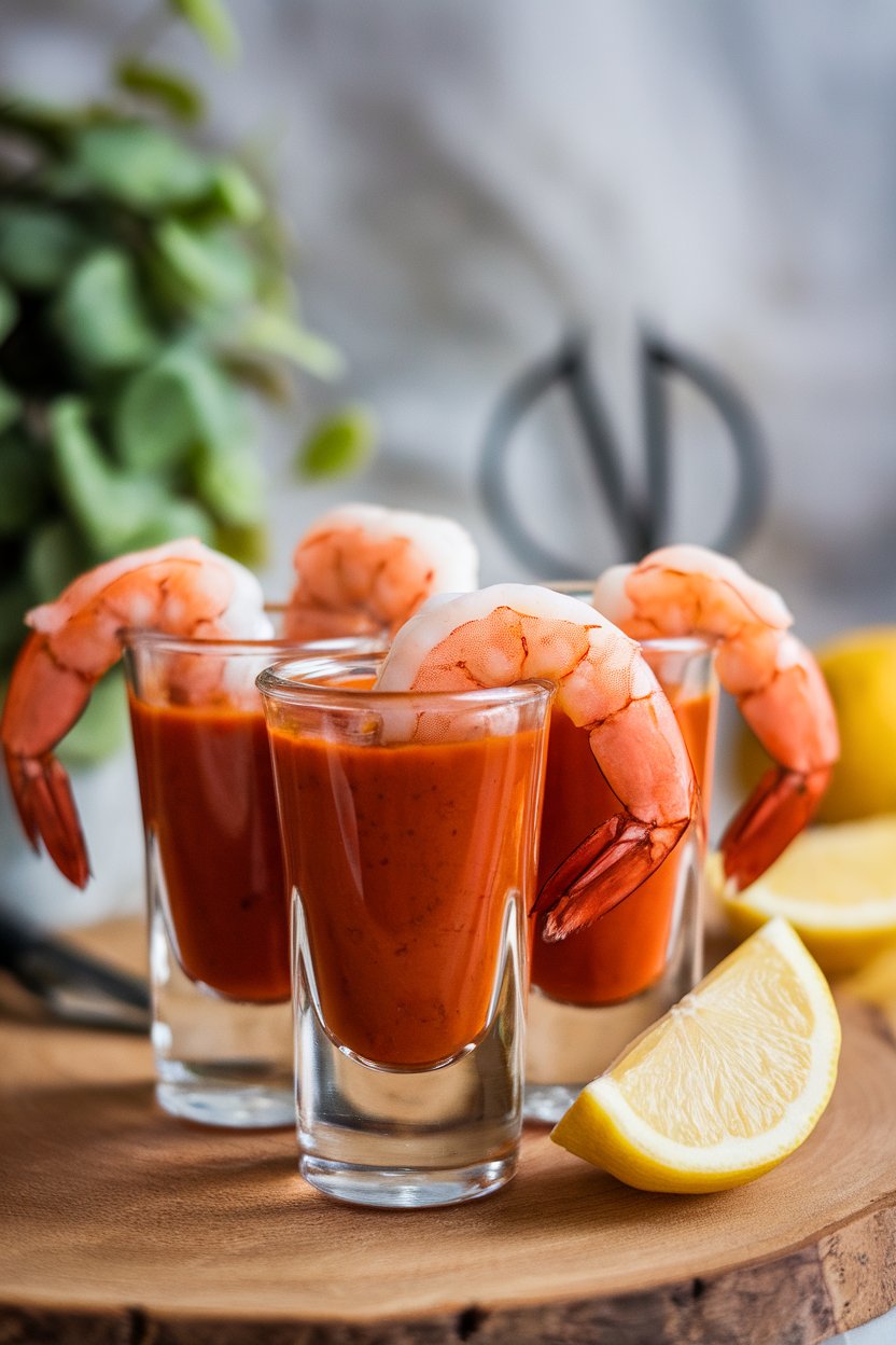Indoor photo of clear shot glasses filled with cocktail sauce and cooked shrimp hanging over the rim, lemon wedge garnish nearby. No text or logos.