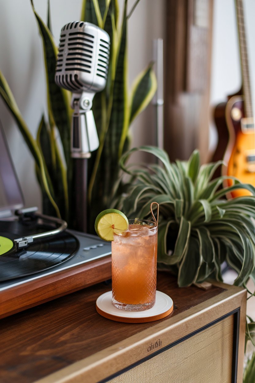 Indoor music-themed bar top with highball of copper-colored cocktail, lime wedge, and fizz, no text or logos, photo