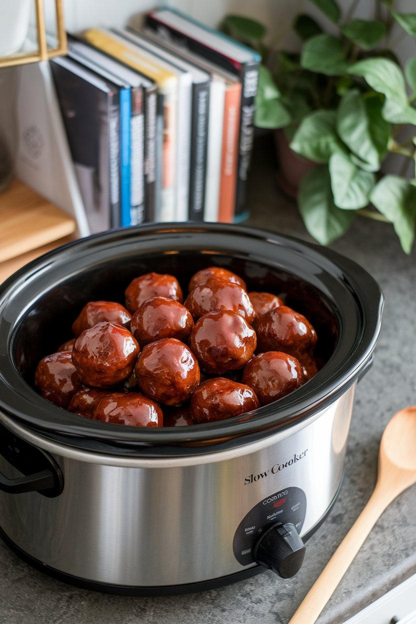 A cozy indoor countertop featuring a slow cooker filled with glossy barbecue meatballs, a wooden spoon resting nearby. No branding or logos in sight. Photo, not illustration.