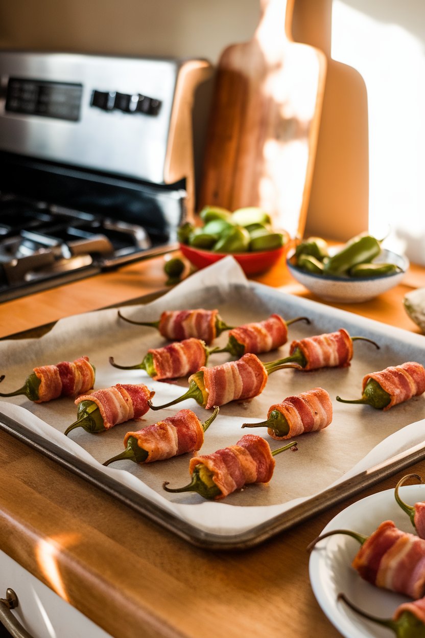 A warmly lit indoor kitchen counter with a parchment-lined baking sheet holding bacon-wrapped jalapeño poppers, cheese visibly bubbling at the ends. No text or logos. Photo, not illustration.