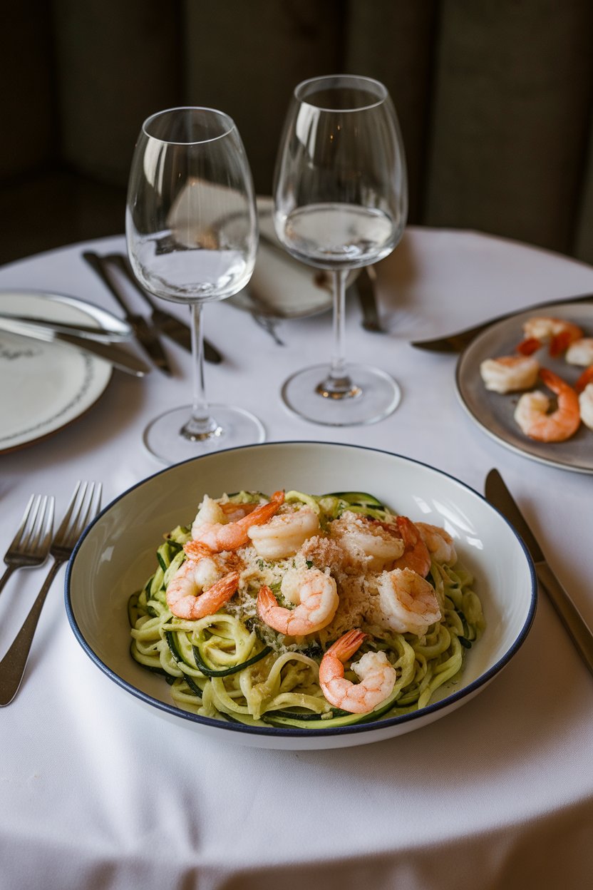 An indoor dinner table displaying zucchini noodles tossed with cooked garlic shrimp and a light sprinkle of Parmesan; no text or logos. Photo only.