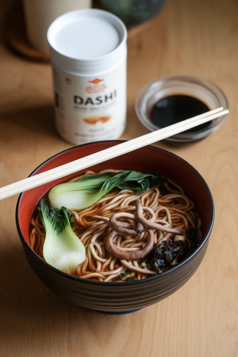 Indoor photo of a bowl of miso broth with soba noodles, bok choy, and mushrooms, chopsticks balanced across. No text or logos.