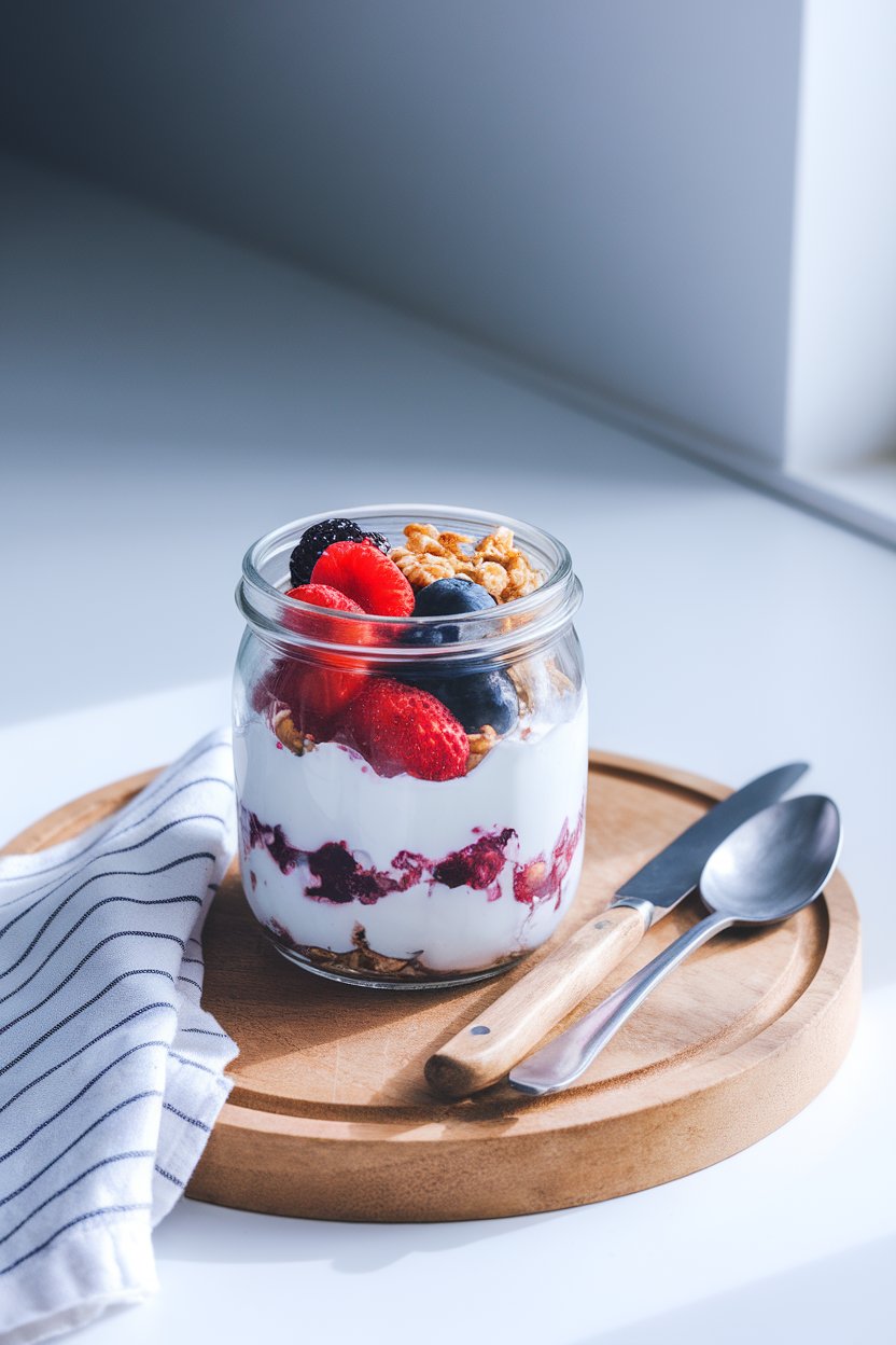 A bright indoor countertop scene showing a clear glass jar layered with Greek yogurt, mixed berries, and a sprinkle of granola; soft morning light, no text or logos visible. Photo only.
