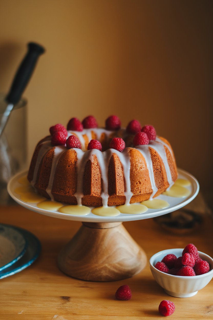 A warmly lit indoor cake stand displaying a glazed Bundt cake dotted with raspberries and drizzled with lemon icing. Photo, no text or logos.