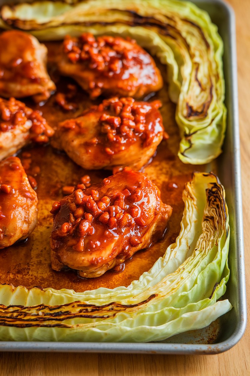 Indoor photo of chicken pieces glazed with Thai sweet chili sauce, thick strips of roasted Napa cabbage rimmed with char on a sheet pan. No text or logos.