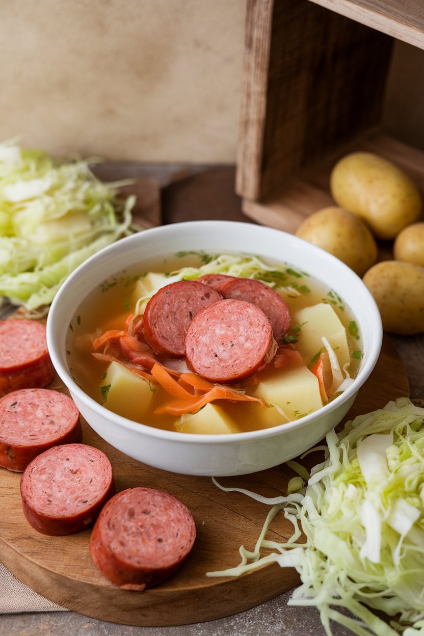 Indoor photo featuring a hearty soup with sliced kielbasa, shredded cabbage, and potatoes in a clear broth; no text or logos.