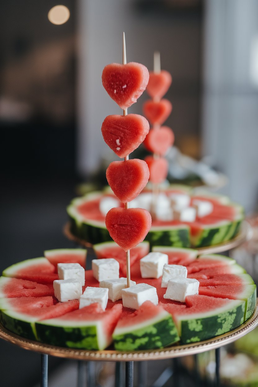 Wooden picks holding alternating heart-cut watermelon pieces and feta cubes, set on an indoor platter. No branding present.