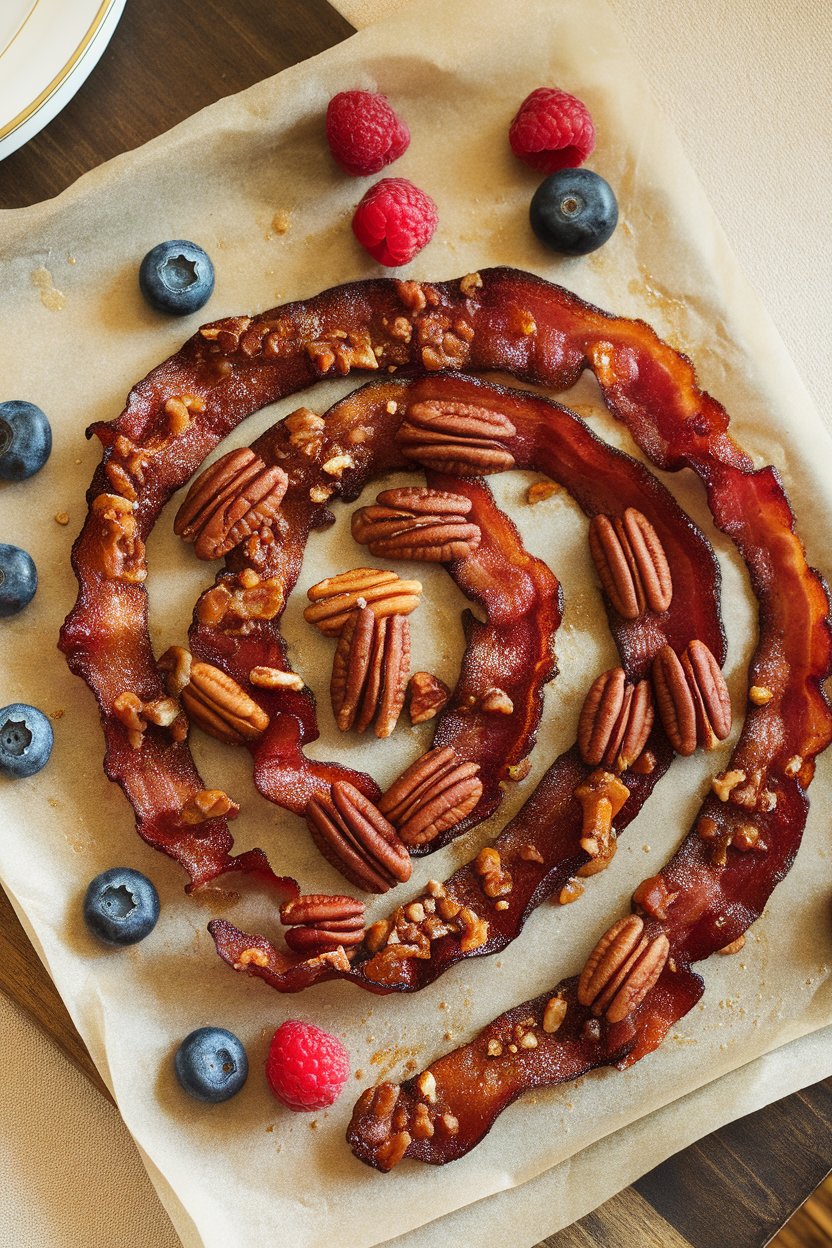 An indoor brunch table featuring crispy bacon strips coated in caramelized brown sugar and pecans on parchment paper. No text or logos. Photo.