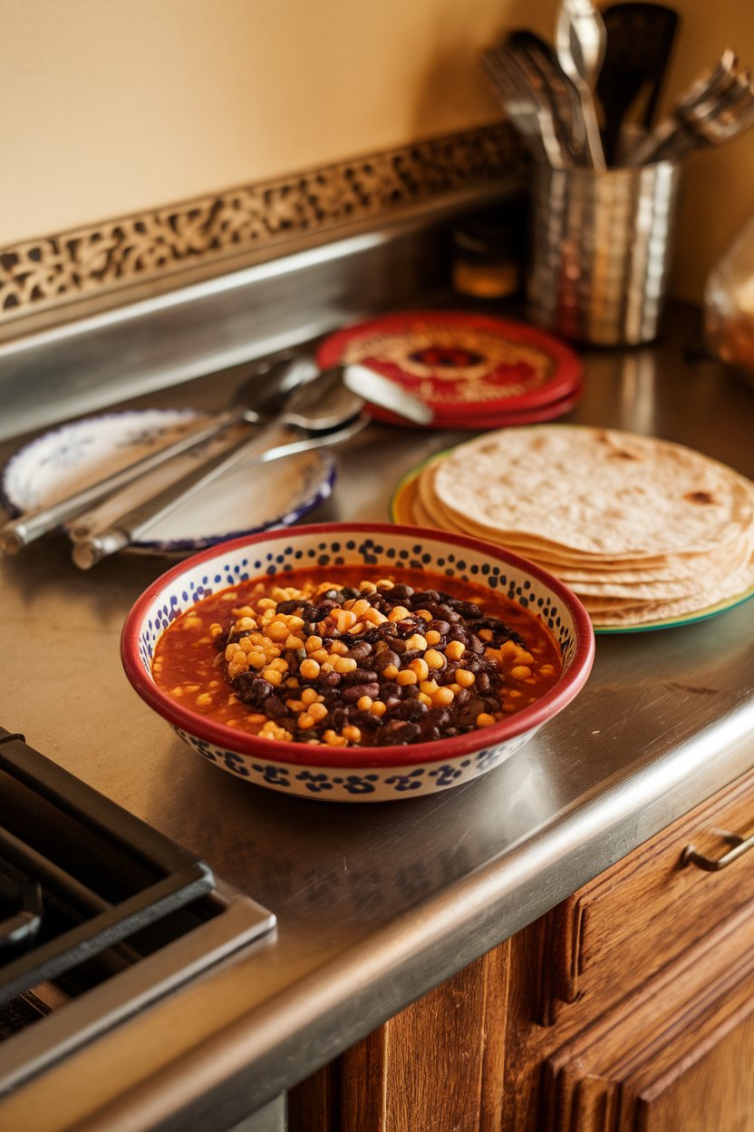 An indoor kitchen counter showing a bowl of black bean and corn mixture in red sauce, tortillas stacked nearby. No text or logos. Photo.