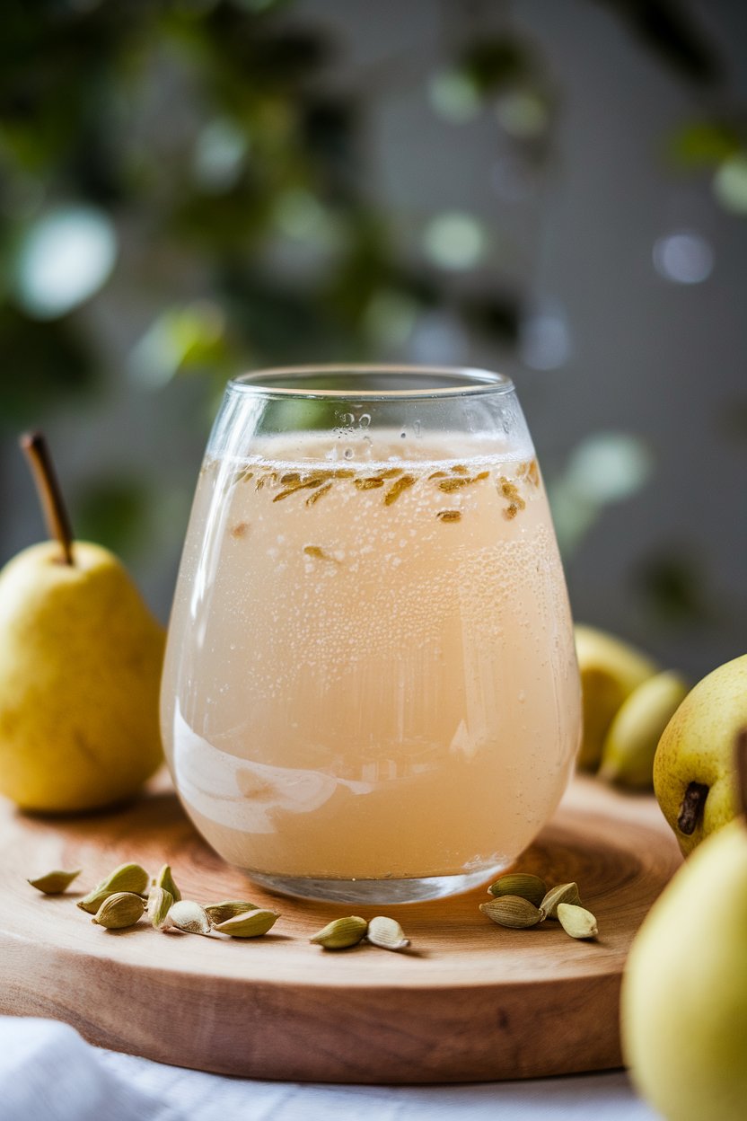 Indoor photo of stemless glass containing pale pear beverage, tiny seeds of cardamom visible, fizz bubbles rising, no logos.