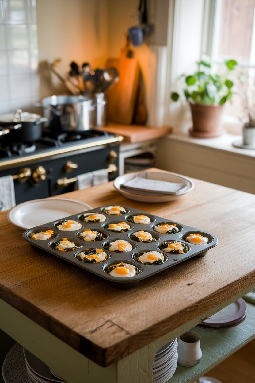 Indoor kitchen island with a muffin tin of baked egg cups dotted with spinach and cheese. No text or logos.