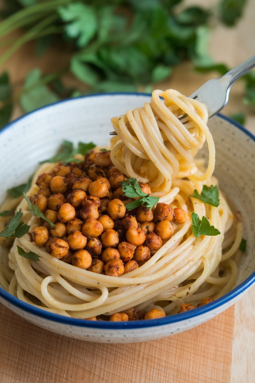 An indoor pasta bowl featuring glossy garlic-oil spaghetti topped with roasted crunchy chickpeas and parsley. No text or logos. Photo.