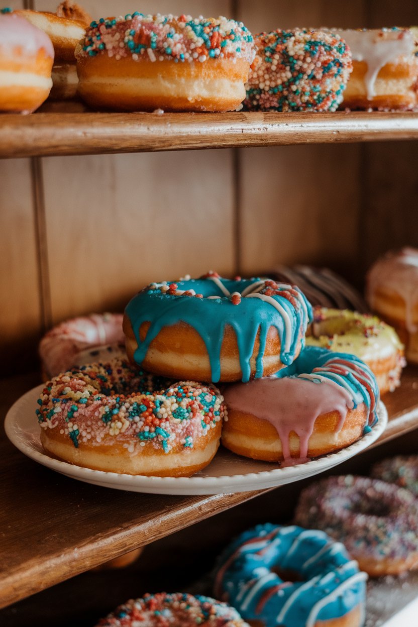 A cozy indoor bakery shelf lined with raised doughnuts coated in colored sugar and a drizzle of icing, evoking king cake colors. No text or logos. Photo only.