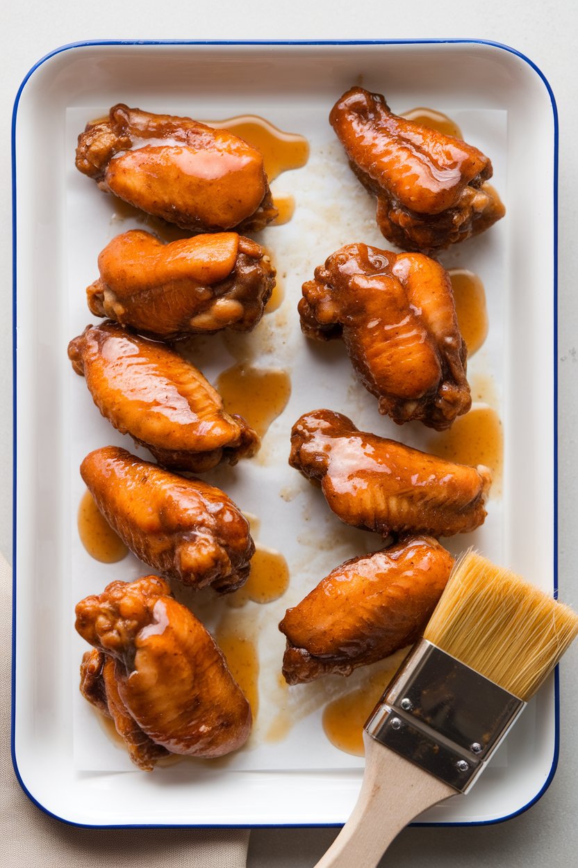 Indoor photo of glazed chicken wings arranged on a white serving tray, sticky honey-garlic sauce visibly clinging to the skin, with a basting brush resting nearby. Soft overhead light, no text or logos.
