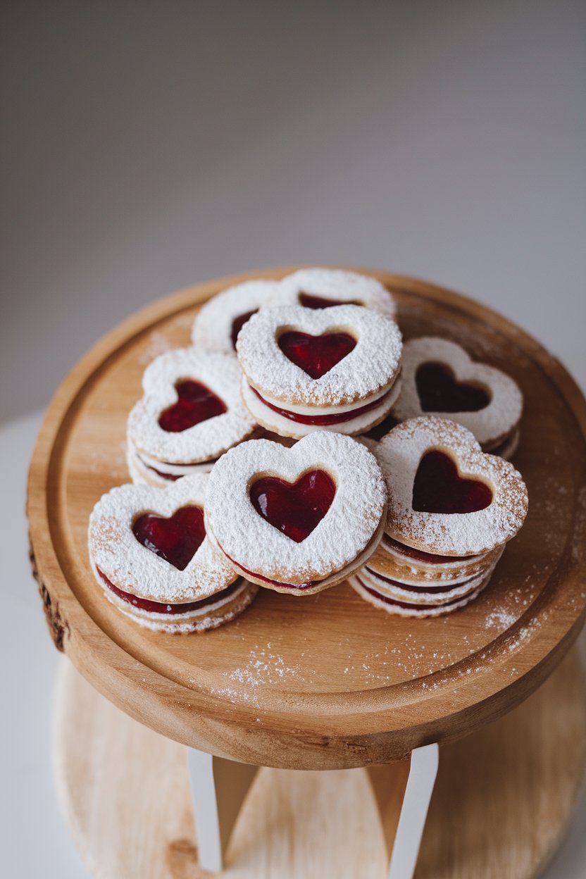 Photo of linzer cookies with heart-shaped cutouts revealing cherry jam, stacked on an indoor wooden board, powdered sugar dusted on top. No text or logos.