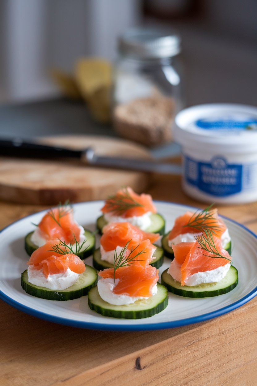 Indoor photo of cucumber rounds topped with cooked smoked salmon flakes, a dollop of light cream cheese, and dill sprigs. No text or logos.